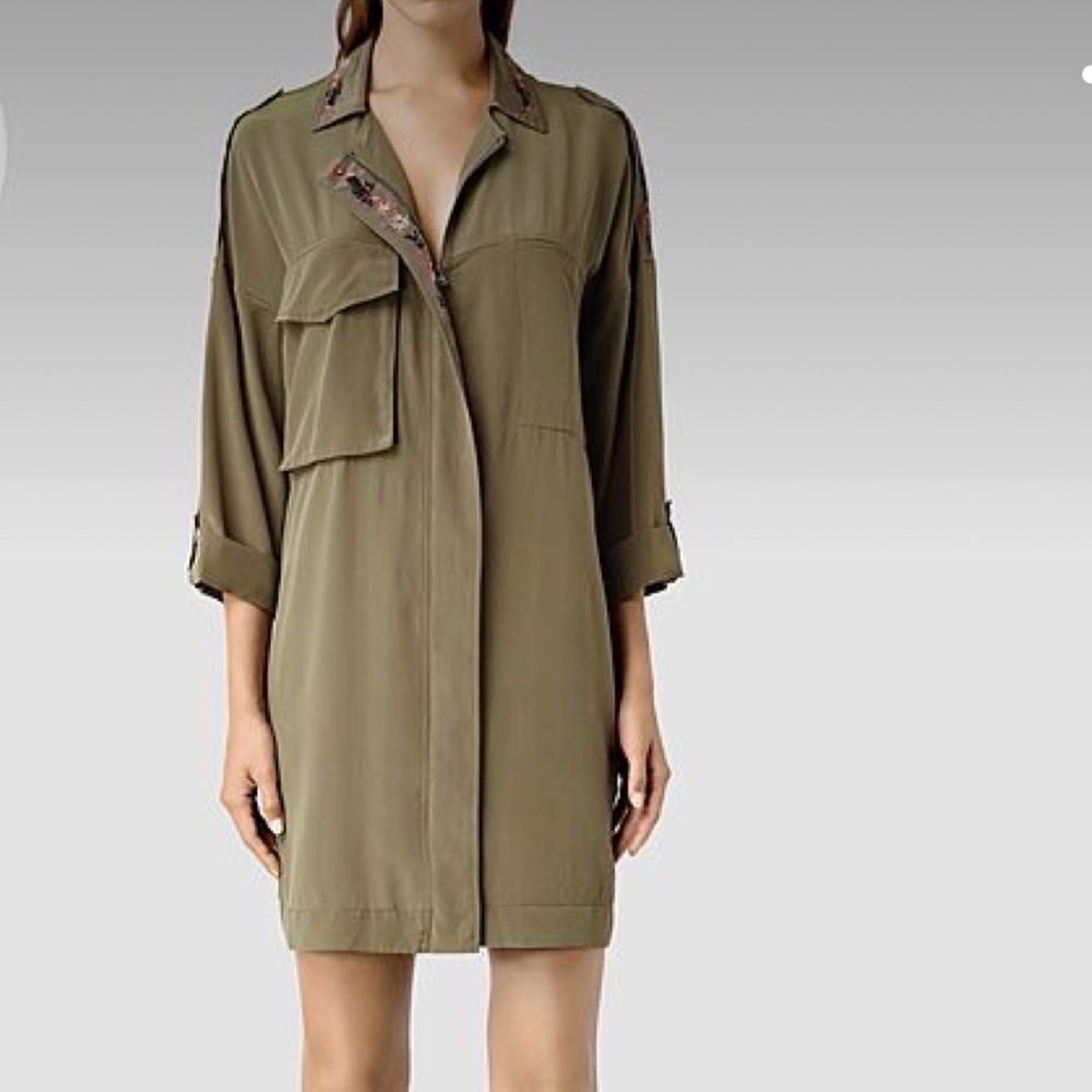New with tags 100% silk All saints khaki floral print trim zip dress. Size 6.